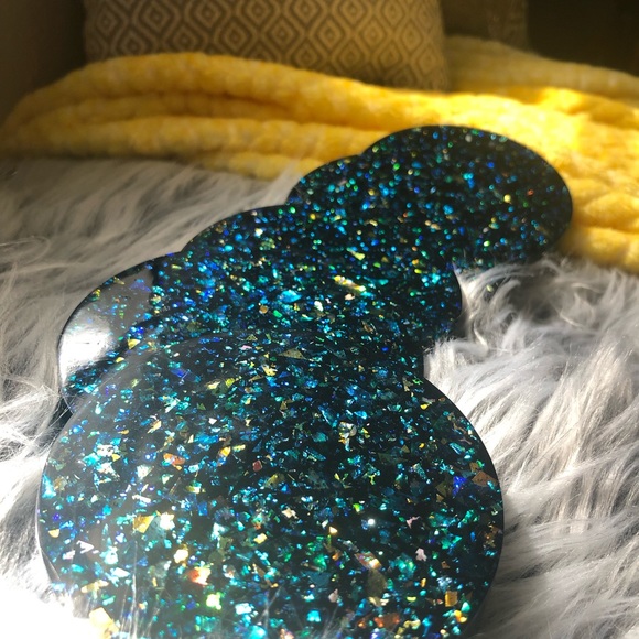 DISCOUNTED Rainbow Holographic Glitter Coaster Set With Matching Holder - Picture 17 of 17